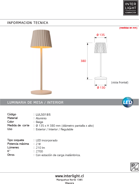Lámpara sobremesa exterior beige recargable Ø13,5x38 cm LED 2W - LULS0185