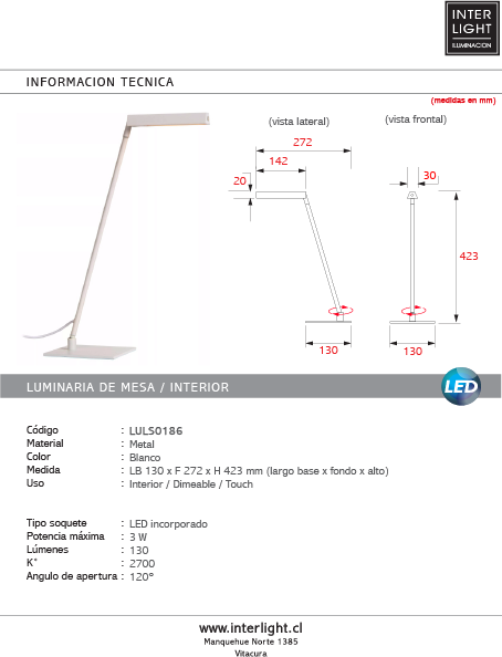 Lámpara sobremesa metal blanco 13x42,3 cm LED 2700K 3W - LULS0186