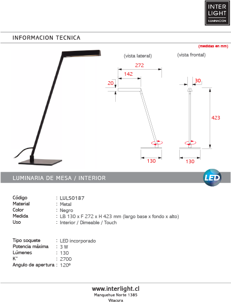 Lámpara sobremesa metal negro 13x42,3 cm LED 2700K 3W  - LULS0187