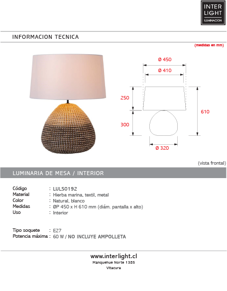 Lámpra sobremesa hierba marina Ø45x61 cm E27 - LULS0192