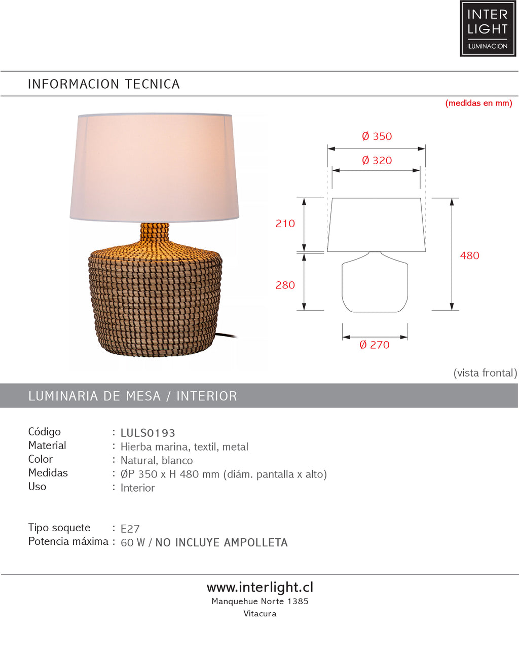Lámpara de mesa hierba marina natural Ø35x48 cm E27 - LULS0193
