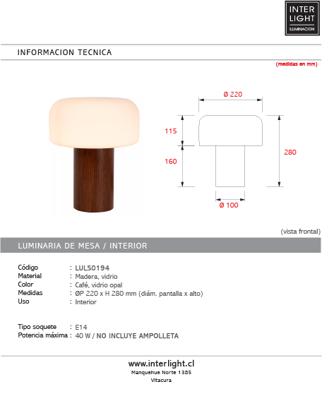 Lámpara de mesa madera café  vidrio opal Ø22x28 cm E14 -  LULS0194