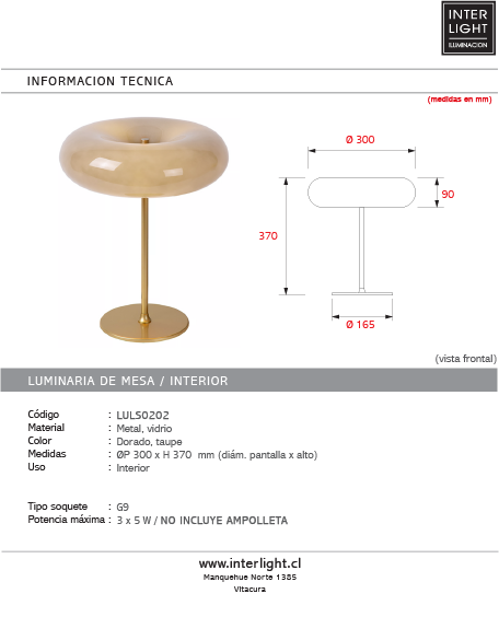 Lámpara de mesa vidrio taupe metal dorado 30x37 cm G9 3 luces - LULS0202