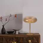 Lámpara de mesa vidrio taupe metal dorado 30x37 cm G9 3 luces - LULS0202