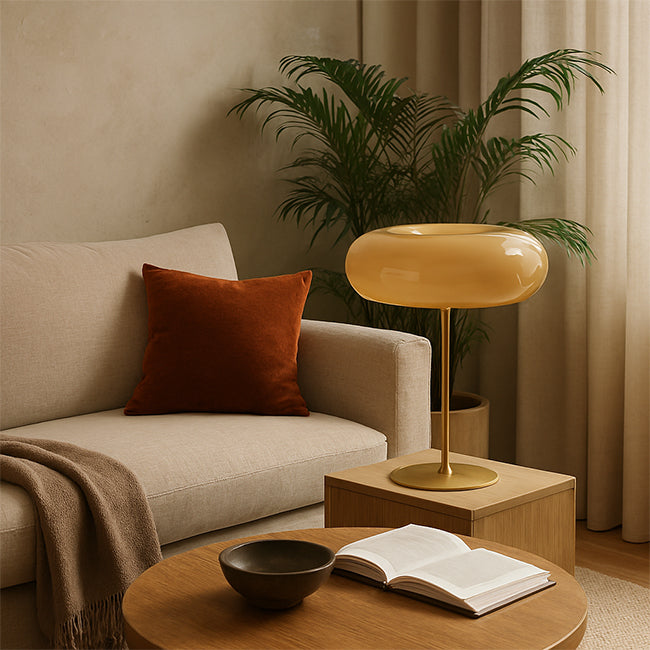 Lámpara de mesa vidrio taupe metal dorado 30x37 cm G9 3 luces - LULS0202