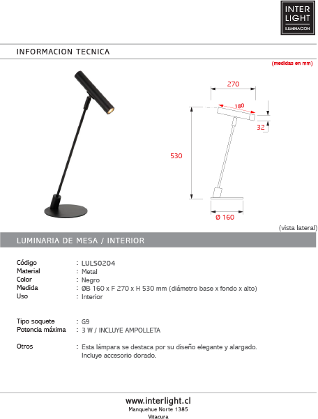 Lámpara de mesa Ø16x27x53 cm G9 - LULS0204