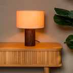 Lámpara de mesa lino natural, madera café Ø25 cm E27 - LULS0207