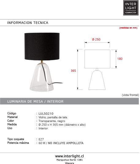Lámpara de mesa vidrio transparente pantalla de tela Ø25 E27 -  LULS0210