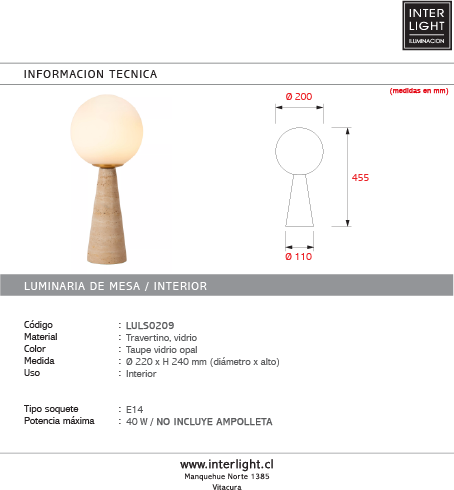 Lámpara de mesa travertino taupe vidrio opal E27 - LULS0215