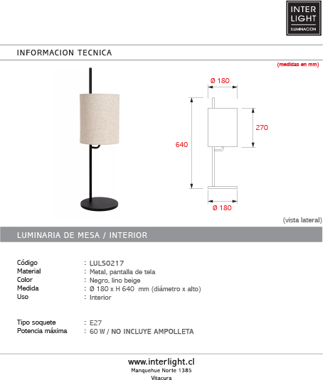 Lámpara de mesa metal negro pantalla de lino Ø18x64 cm  - LULS0217
