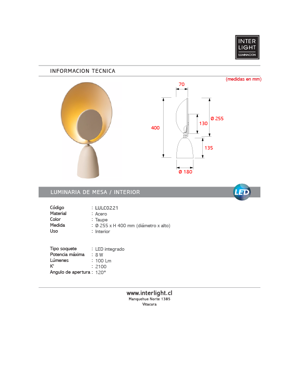 Lámpara de mesa acero taupe Ø25,5 cm LED 8W - LULS0221