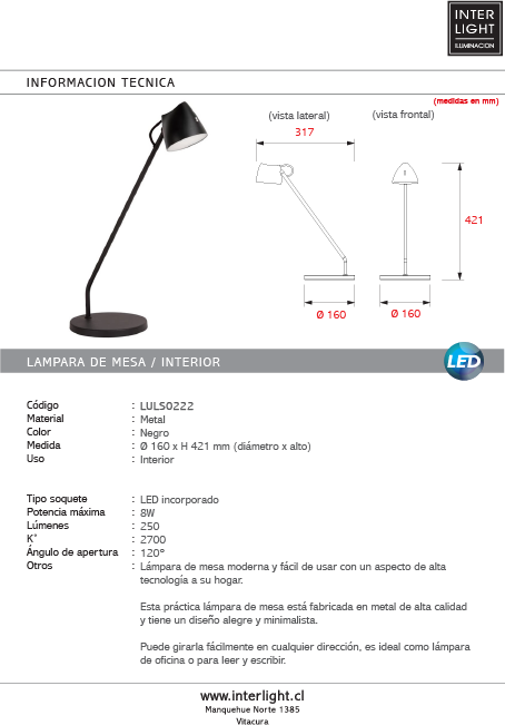 Lámpara de mesa metal negro Ø16x42,1 cm LED 8W - LULS0222
