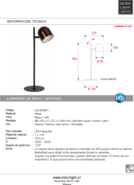 Lámpara sobremesa recargable metal negro café Ø16x46 cm LED 3W - LULS0226