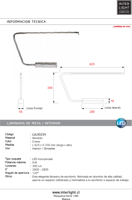 Lámpara de escritorio - LED Regul. - 1x9W 2700K - Cromo - LULS0235