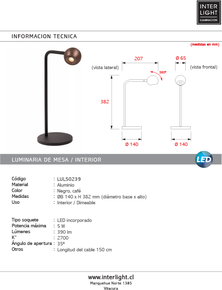 Lámpara de mesa aluminio café negro Ø14x143 cm 5W  2700K - LULS0239