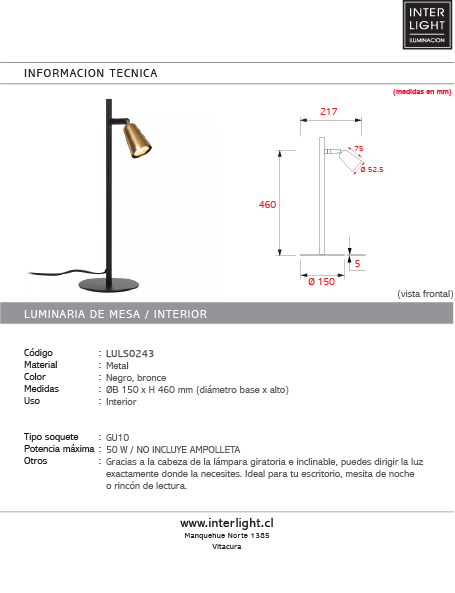 Lámpara de mesa metal negro bronce Ø15x46cm  GU10 - LULS0243