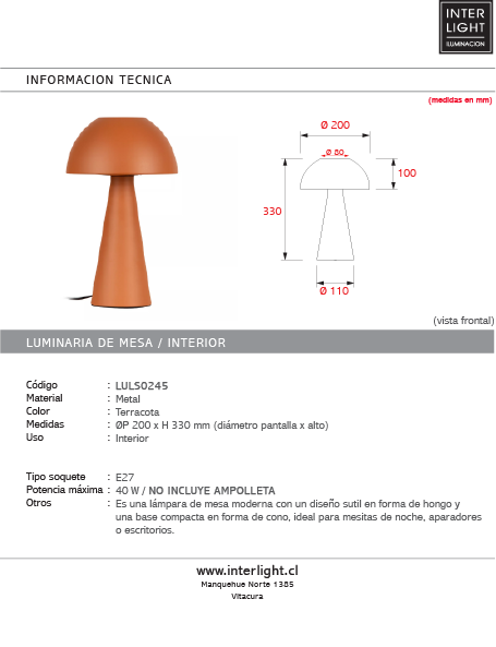 Lámpara de mesa metal terracota Ø20x33cm  E27 - LULS0245