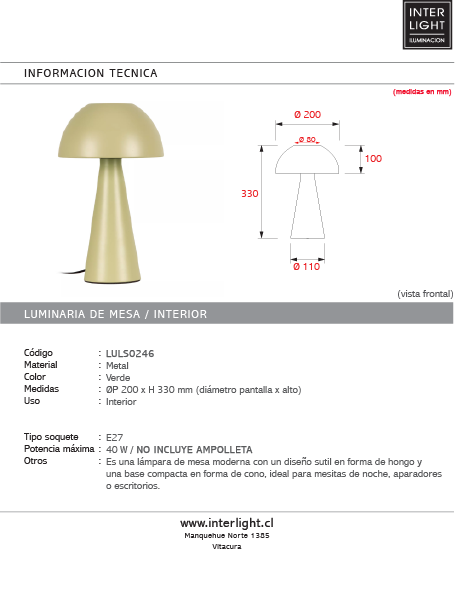 Lámpara de mesa metal verde Ø20x33cm  E27 - LULS0246