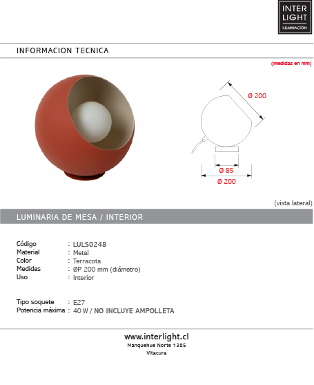 Lámpara de mesa metal terracota Ø20cm  E27 - LULS0248