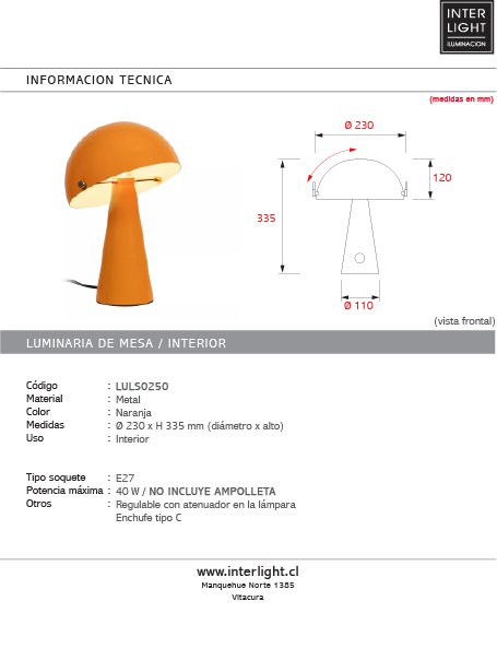 Lámpara de mesa metal naranja Ø23x33,5 cm E27 - LULS0250