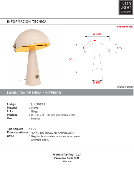 Lámpara de mesa metal beige Ø38x51,8cm E27 - LULS0251