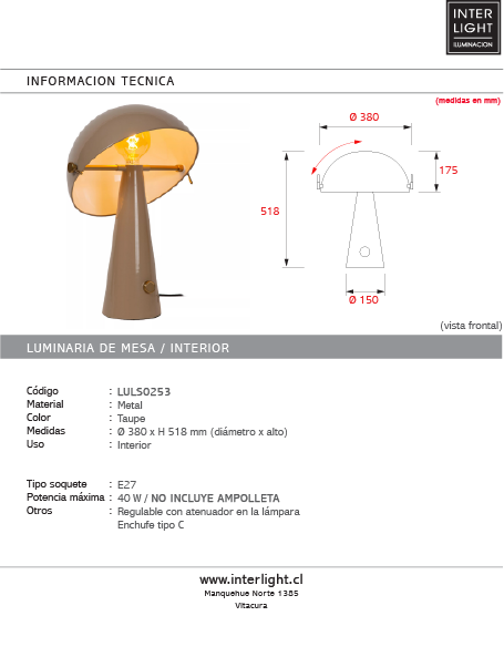 Lámpara de mesa metal taupe Ø38x51,8cm E27 - LULS0253