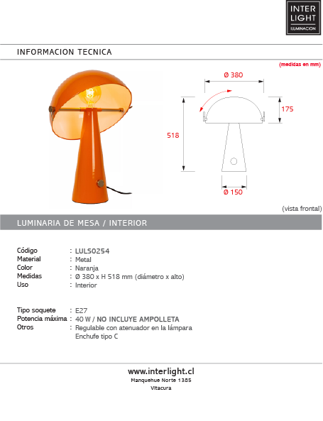 Lámpara de mesa metal naranja  Ø38x51,8cm E27 - LULS0254