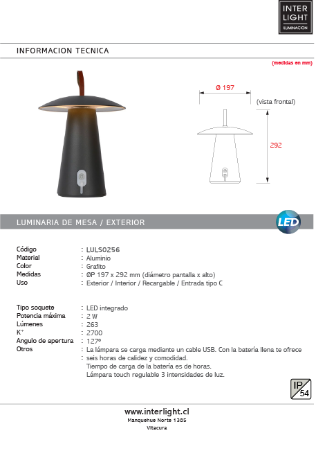 Lámpara de mesa aluminio grafito recargable dimeable Ø19,7x 29,2 cm 2W LED  - LULS0255