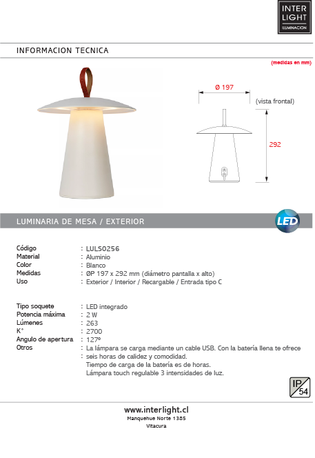 Lámpara de mesa aluminio blanco recargable dimeable Ø19,7x 29,2 cm 2W LED - LULS0256