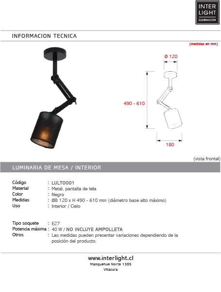 Lampara de techo negra Ø12x61cm E27 - LULT0001