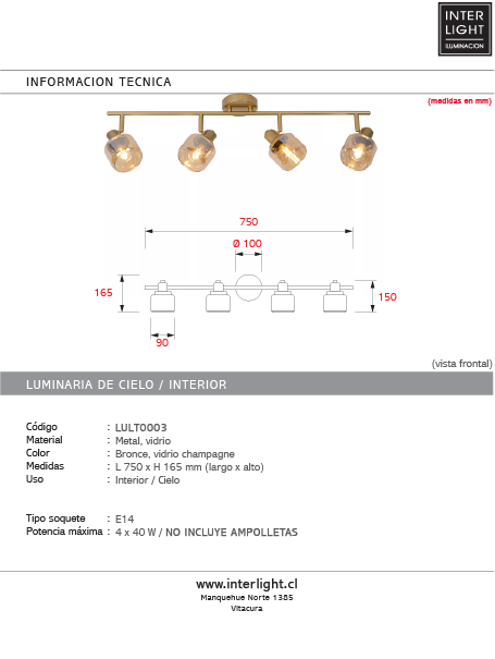 Lampara de techo metal bronce vidrio champagne 75x16.5cm 4x40W E14 LULT0003