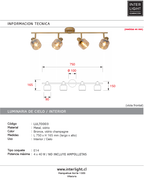 Lampara de techo metal bronce vidrio champagne 75x16.5cm 4x40W E14 LULT0003