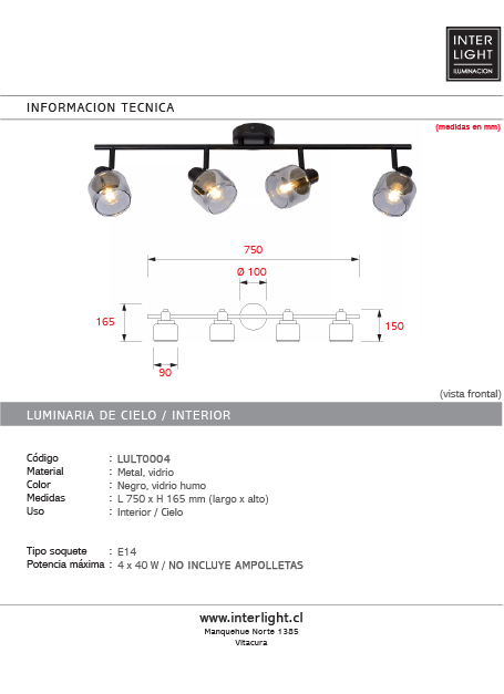 Lampara de techo metal negro vidrio humo 75x16.5cm  4x40W E14 - LULT0004