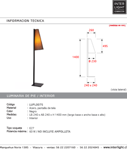 Lámpara de pie acero pantalla tela negro 24x24x1,40 cm E27 - LULP0075