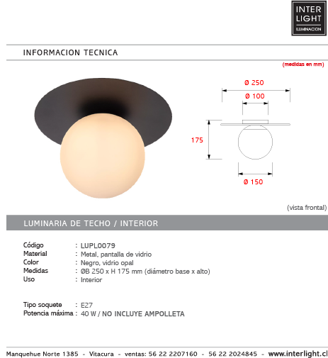 Plafón metal negro vidrio opal Ø25x17,5 cm E27  - LUPL0079