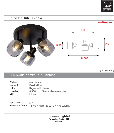 Plafón metal vidrio negro humo Ø38x14 cm 3 luces E14 - LUPL0092
