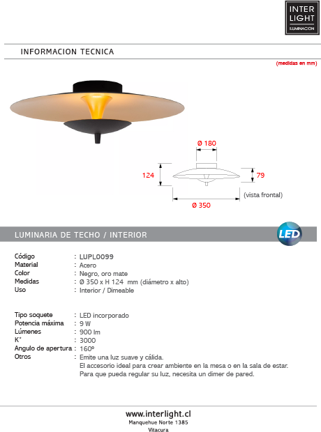 Plafon acero negro oro mate Ø35cm LED 9W - LUPL0099