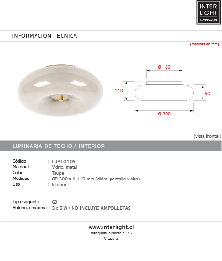 Plafón vidrio taupe oro mate Ø30x11 cm G9 3 luces - LUPL0105