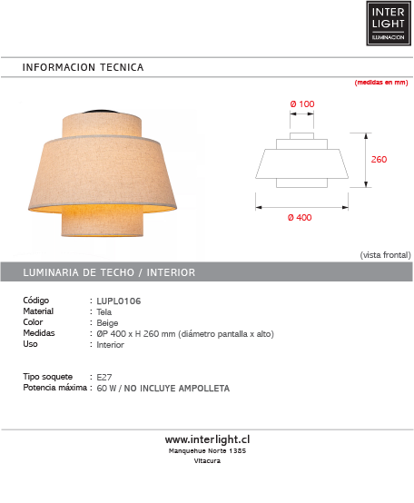 Plafón de tela beige Ø40 cm E27 - LUPL0106
