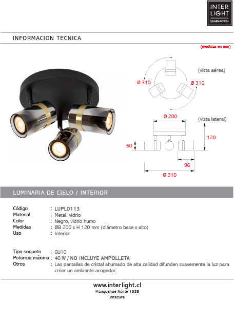 Foco de techo  meta negro vidrio humo Ø20x12 cm 3 luces GU10 - LUPL0113