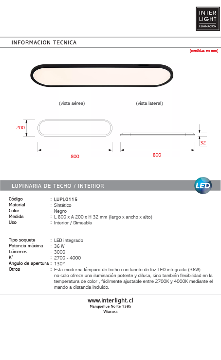 Plafón sintético negro dimeable 80x20x3,2 cm 36W - LUPL0115