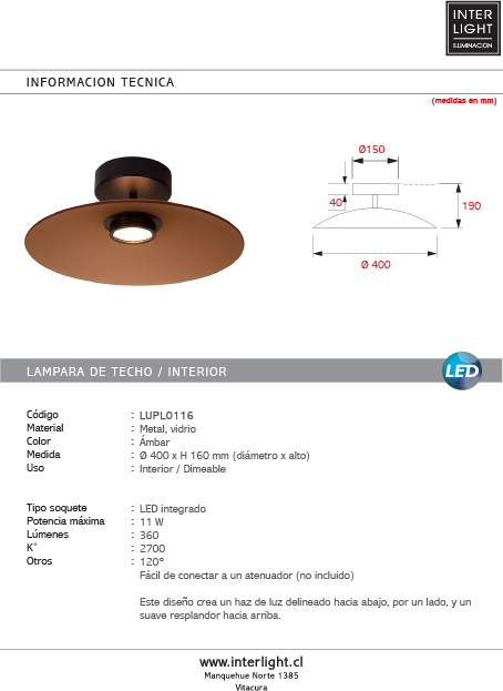 Plafón metal vidrio ámbar dimeable Ø 40 cm 11W - LUPL0116
