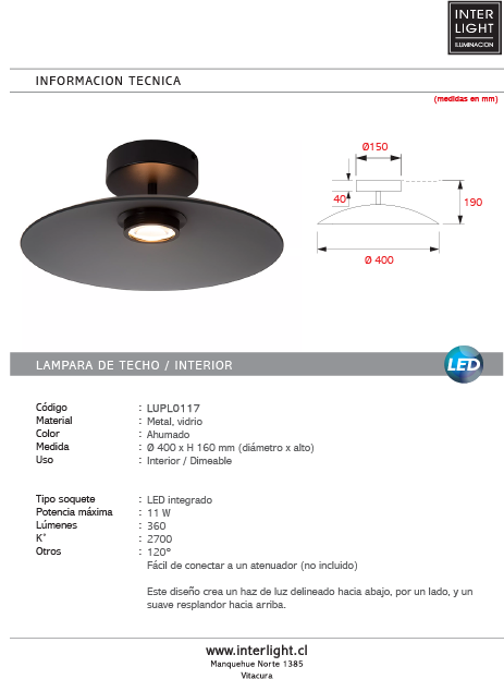 Plafón metal vidrio ahumado dimeable Ø 40 cm 11W - LUPL0117