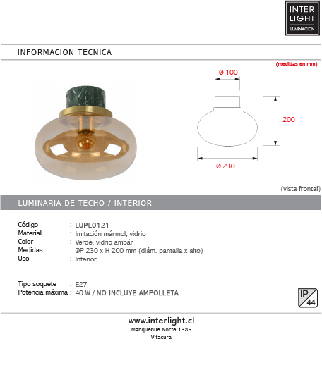 Plafón mármol Verde vidrio Ambar Ø23x20 cm IP44 E27 - LUPL0121