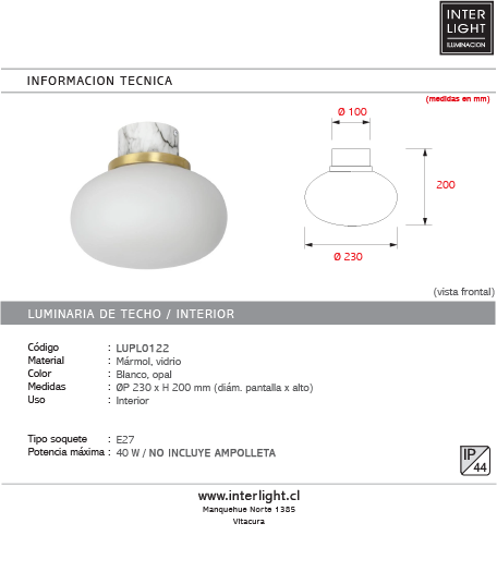 Plafón mármol blanco vidrio opal Ø23x20 cm IP44 E27 LUPL0122