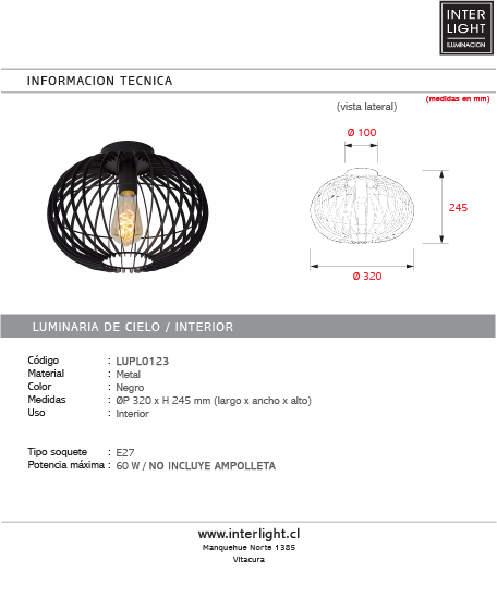 Plafón metal negro Ø32x24.5 cm   E27 - LUPL0123