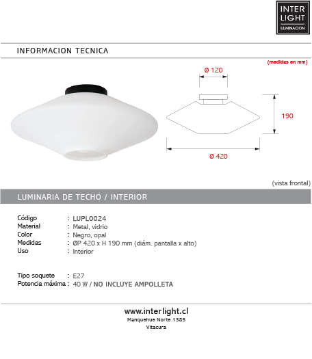 Plafón metal negro mas vidrio opal E27 - LUPL0124