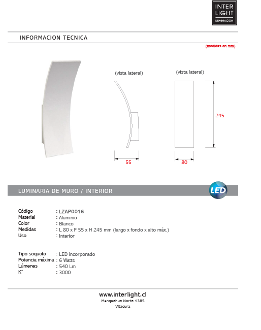 Apliqué aluminio blanco 8x5x24,5 cm LED 6W - LZAP0016
