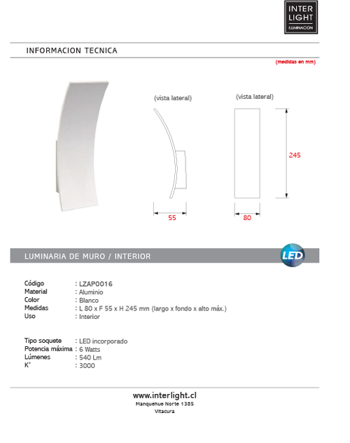 Apliqué aluminio blanco 8x5x24,5 cm LED 6W - LZAP0016