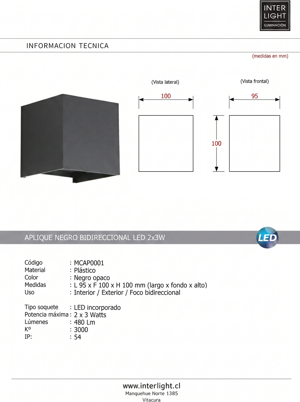Apliqué negro opaco, bidireccional interior exterior LED 2x3W - MCAP0001